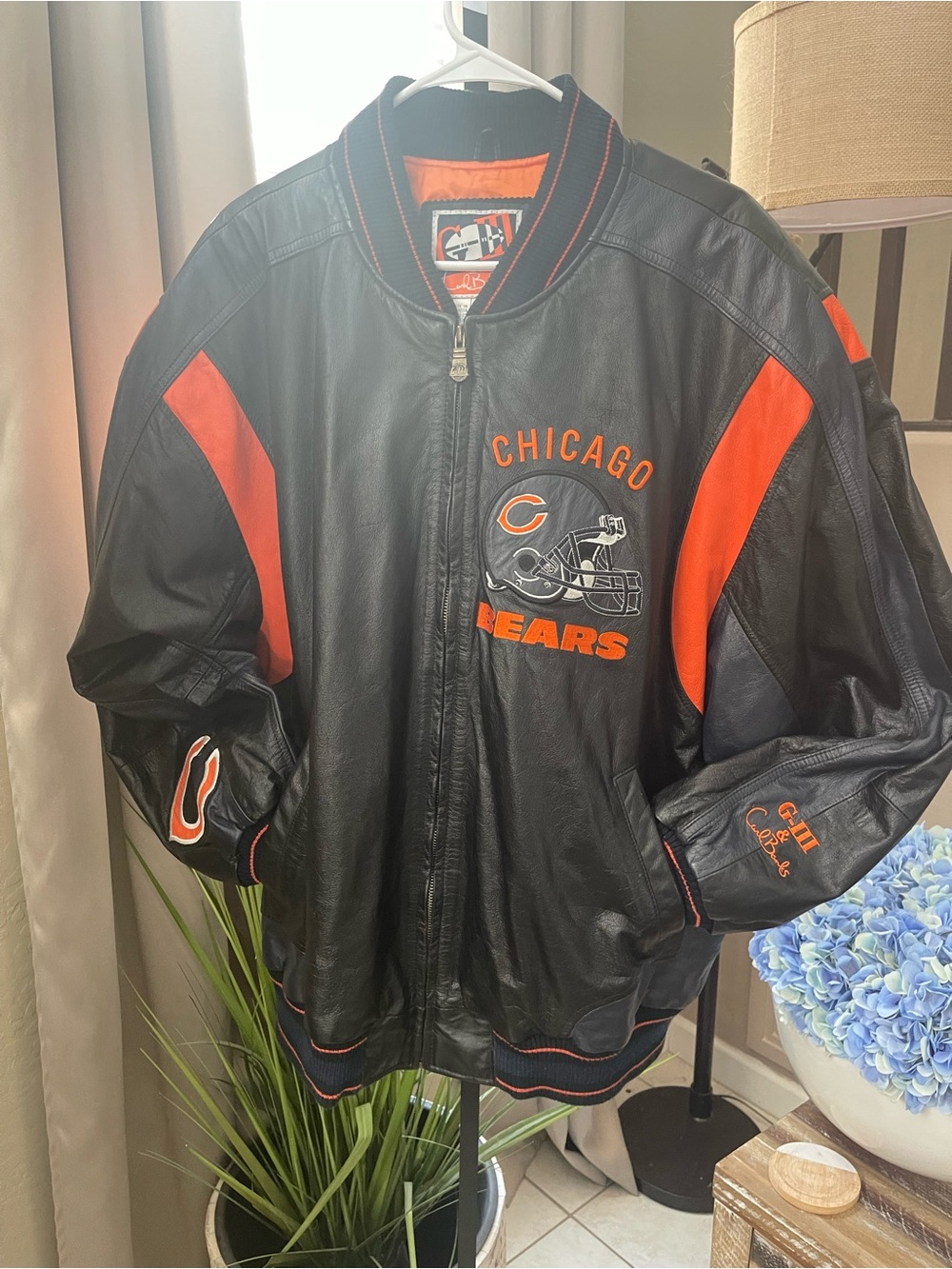 NFL Chicago Bears Black and Orange Leather Bomber Jacket